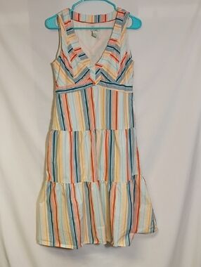 EUC Odille Striped V-Neck Tiered Midi Dress Striped Womens Size 8 Cotton Summer